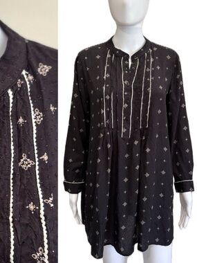 Zara Basic Pintuck Babydoll Tunic Dress Size Small Black Swiss Dot Fairy Goth